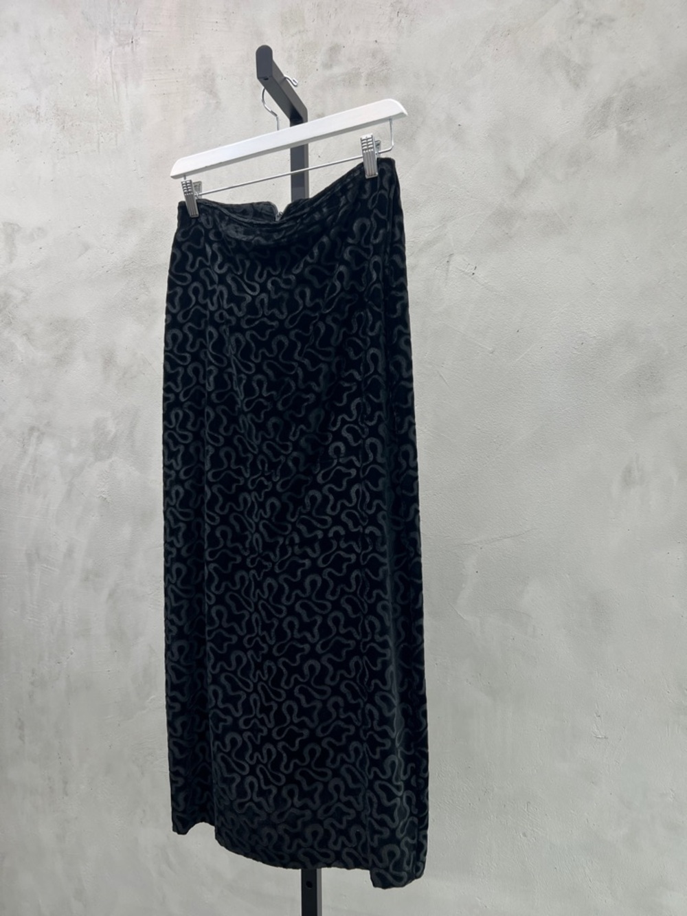 Norma Kamali Black Velvet Maxi Skirt with Abstract Burnout Pattern